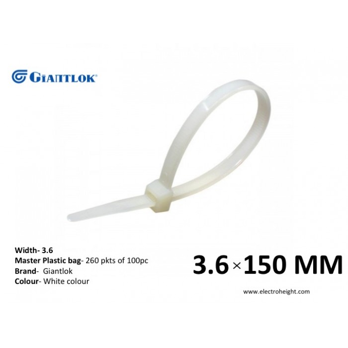 150mm*3.6mm White Cable Tie Giantlok 100pcs